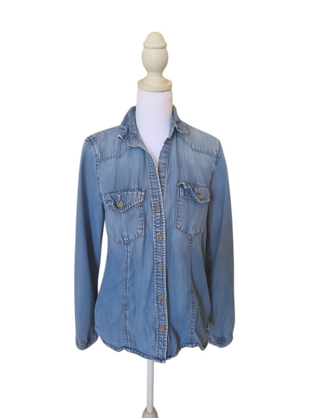 cloth & stone Faded Blue Denim Button-Down Shirt with Chest Pockets